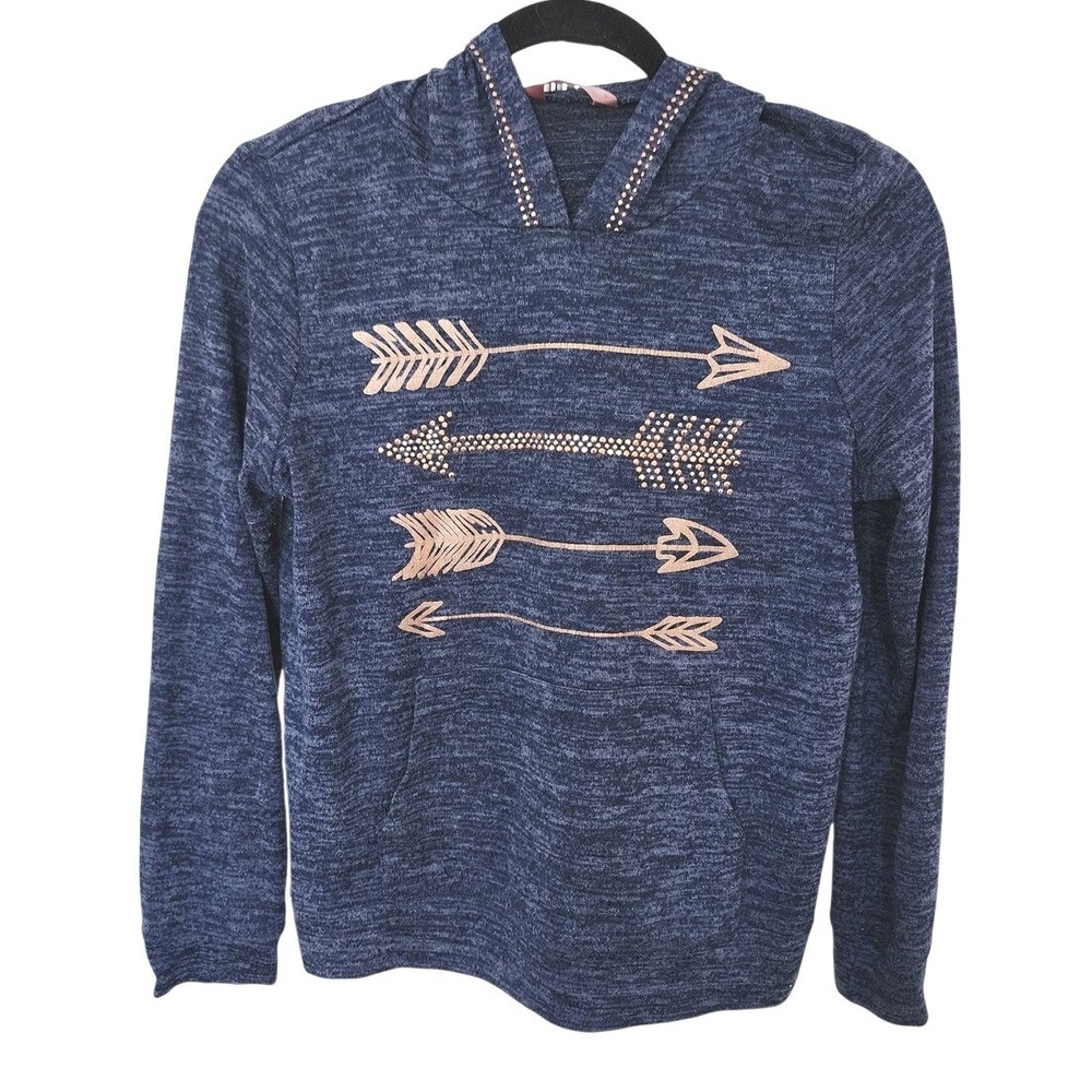 SJS Women Navy Blue Space Dye Arrow Rhinestone Hoodie Sweatshirt Small Eclectic